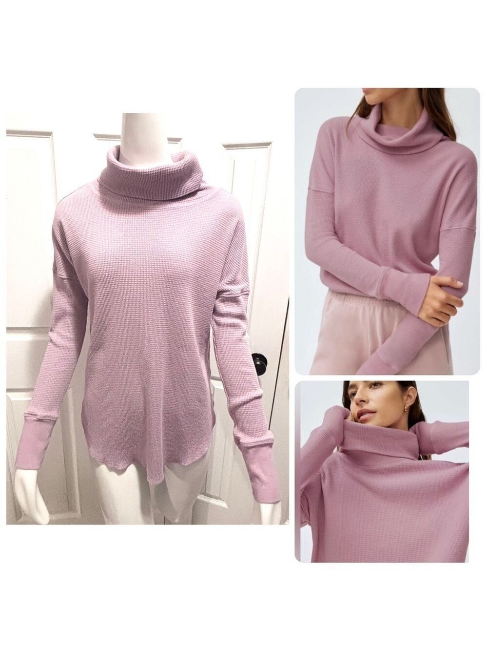 Aritzia Babaton Thermal Cowl Neck Waffle Long Sleeve Shirt Purple Pink Sz Small